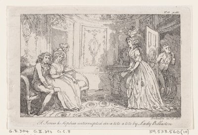 Tom Jones & Sophia avbrøt i en tete en tete av Lady Bellaston, fra The History of To..., 1792. av Thomas Rowlandson