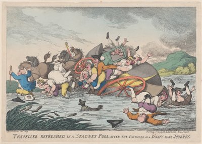 Reisende forfrisket i et Stagnet [sic] basseng, etter utmattelsen av en støvet..., 1. februar 1809. av Thomas Rowlandson