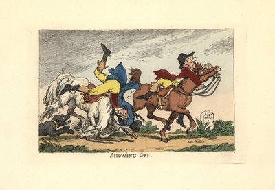 To menn falt av hestene sine etter å ha vist seg frem. Vise seg frem. av Thomas Rowlandson