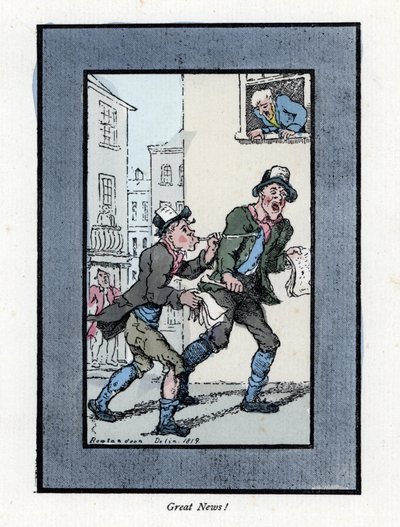 To avisleverandører med lange fløyter som selger aviser i en gate i London. Tregravering, basert på et maleri av Thomas Rowlandson (1756-1827), publisert i The Cris of London: med seks sjarmerende barn og nesten 40 illustrasjoner, av Andrew Tuer, av Thomas Rowlandson