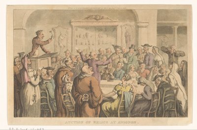 Veiling van relieken te Avignon Auksjon over relikvier i Avignon (tittel på objekt) av Thomas Rowlandson