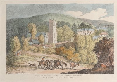 Utsikt over kirken og landsbyen St. Cue, Cornwall, fra Views in Cornwall, A..., 12. april 1812. av Thomas Rowlandson