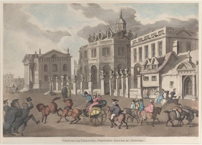 Utsikt over teateret, trykkeriet og så videre. Oxford, 1810., 1810. av Thomas Rowlandson