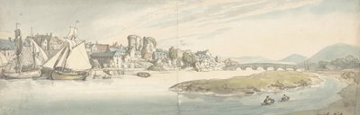 Utsikt over byen ved en elv Carwitham Castle, 1775-1827. av Thomas Rowlandson