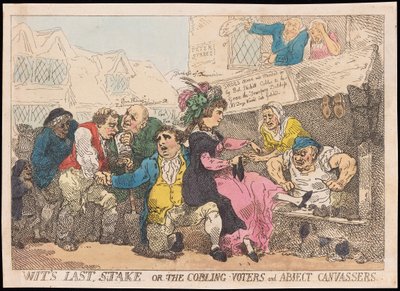 Wits Last Stake, eller The Cobling Voters and Abject Canvassers, pub. (håndfarget gravering) av Thomas Rowlandson