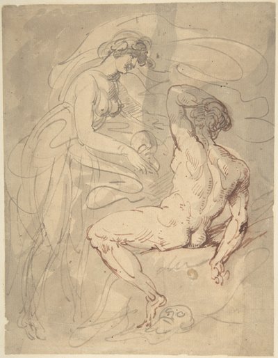 Kvinne som snakker med en sittende mannlig nakenmodell av Thomas Rowlandson