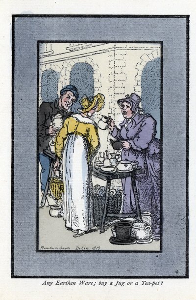 Kvinne som selger mugger, tekanner og boller har et gatehjørne. En elegant ung kvinne ser på varene. Tregravering, basert på et maleri av Thomas Rowlandson (1756-1827), publisert i The Cris of London: med seks sjarmerende barn og nesten 40 illust. av Thomas Rowlandson
