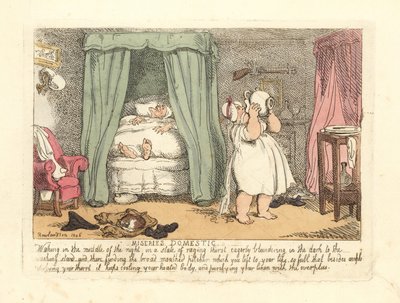 Kvinne søler en kanne vann over seg selv i løpet av natten. av Thomas Rowlandson