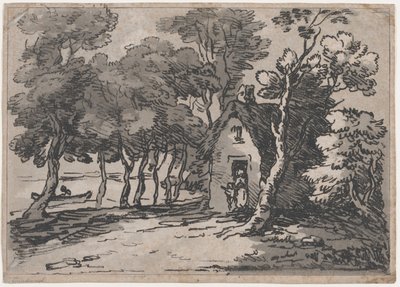 Skogkledd scene med figurer ved døren til en hytte, 1783-88., 1783-88. av Thomas Rowlandson