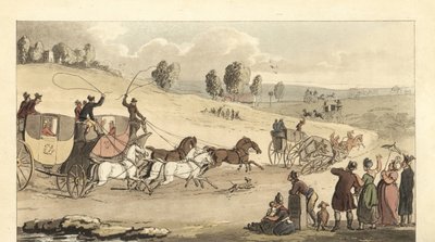 Unge engelske herrer som kjører racing med fire hestevogner på en vei av Thomas Rowlandson