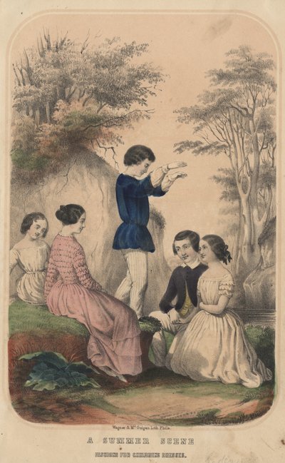 En sommerscene, moter for barnekjoler, litho av Wagner og McGuigan, 1850 av Thomas S. Wagner