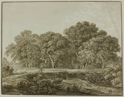 Landskap med figur som krysser bro over bekk av Thomas Sandby