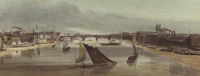 London Bridge fra Southwark Bridge (monument til venstre) av Thomas Shotter Boys