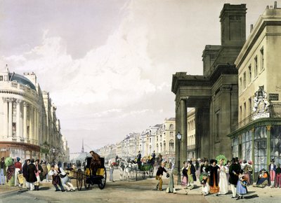 Regent Street ser mot kvadranten med Hannover-kapellet i forgrunnen og shoppere som promenerer, 1842 av Thomas Shotter Boys