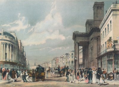 Utsikt over Regent Street med utsikt mot kvadranten med Hannover-kapellet i forgrunnen, 1842 av Thomas Shotter Boys