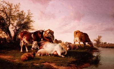 Sauer og storfe beiter ved en elvebredd av Thomas Sidney (after) Cooper