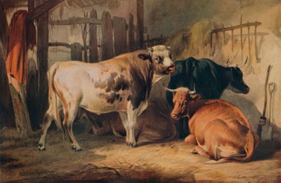En okse og tre kyr i en stall, c1856 av Thomas Sidney Cooper