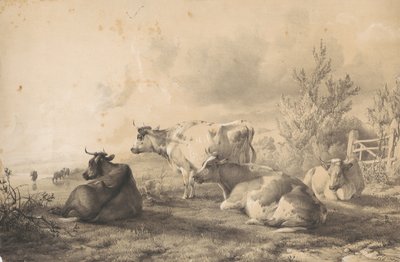 Storfe som ligger ved et gjerde av Thomas Sidney Cooper