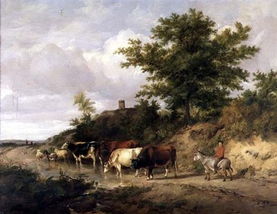 Skoglandskap med en gutt på et esel og storfe ved et vadested av Thomas Sidney Cooper