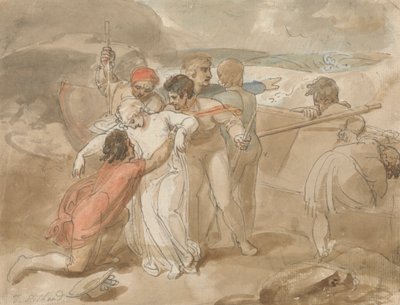 En kvinne reddet fra havet og assistert i land, robåt og redningsmenn i bakgrunnen av Thomas Stothard