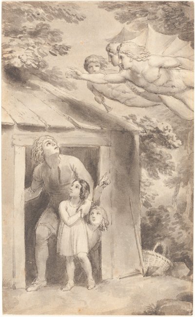 Peter og hans barn besøkt av tre flygende figurer av Thomas Stothard