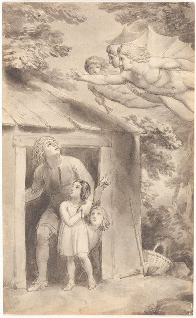 Peter og hans barn besøkt av tre flygende skikkelser av Thomas Stothard