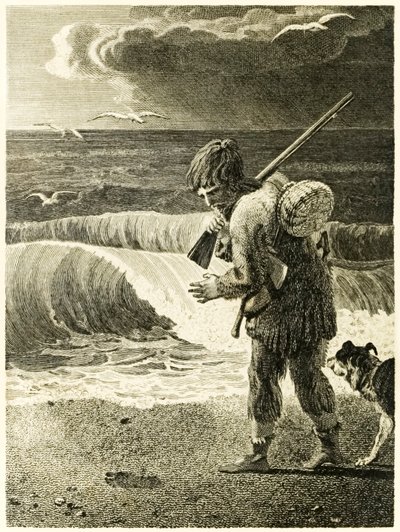 ?Robinson Crusoe oppdager avtrykket av en manns fot? fra ?The Life and Strange Surprising Adventures of Robinson Crusoe, or York, Mariner? av Daniel Defoe av Thomas Stothard
