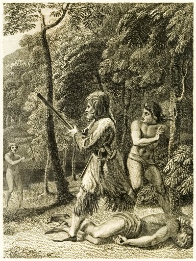 ?Robinson Crusoe først ser og redder mannen sin fredag? fra ?The Life and Strange Surprising Adventures of Robinson Crusoe, or York, Mariner? av Daniel Defoe av Thomas Stothard