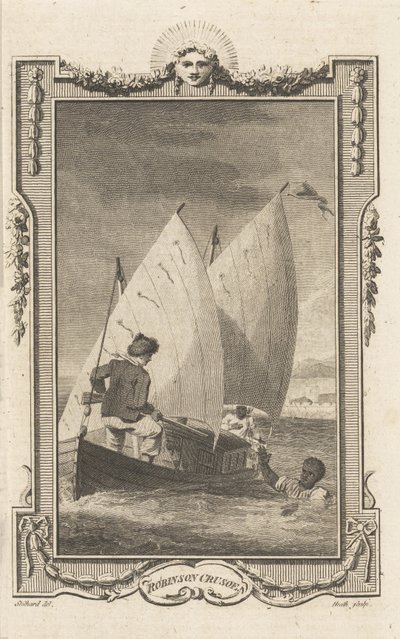 Robinson Crusoe, fra Novelists Magazine, pub. 1781 av Thomas Stothard