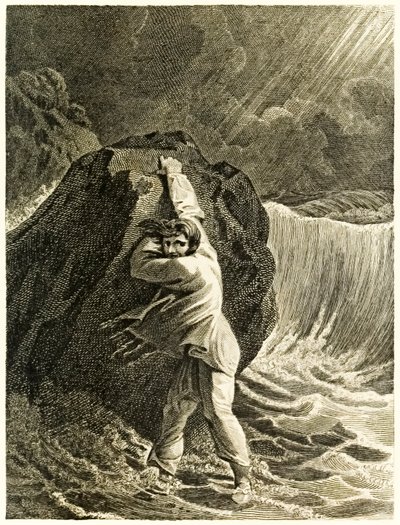 ?Robinson Crusoe forliste og klamret seg til en stein? fra ?The Life and Strange Surprising Adventures of Robinson Crusoe, or York, Mariner? av Daniel Defoe av Thomas Stothard