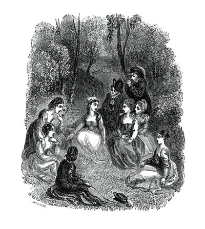 Scene fra introduksjonen til The Decameron av Giovanni Boccaccio, 1833. av Thomas Stothard