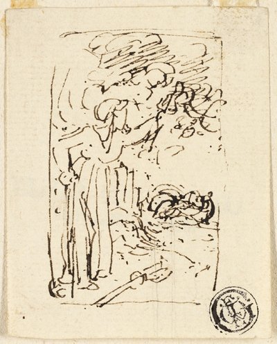 Skisse av figur som lener seg på stokk av Thomas Stothard