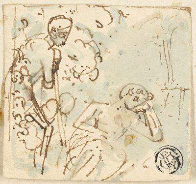 Skisse av mann som lener seg på staben, ser på sovende kvinne av Thomas Stothard