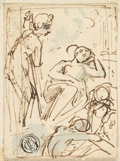 Skisse av mann som lener seg på staben, ser på sovende kvinne av Thomas Stothard