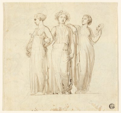 Tre muser (rekto); Studie av ridder og munk for en illustrasjon i en gotisk roman (verso) av Thomas Stothard