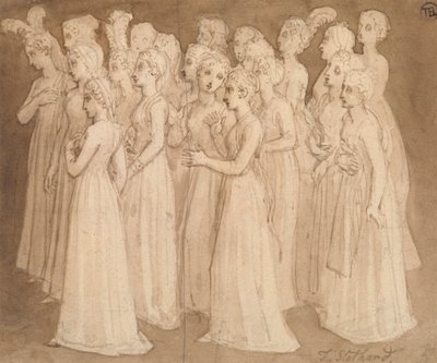 Tjue unge jenter i en gruppe som går til venstre av Thomas Stothard
