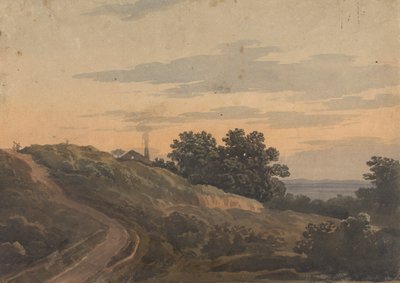 Kupert landskap med hus, sti og figurer av Thomas Sully