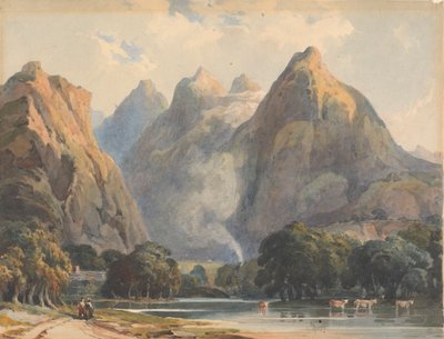 Fjellscene med bekk, kyr og figurer av Thomas Sully