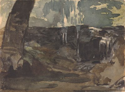 Steinete landskap, stor trestamme i forgrunnen av Thomas Sully