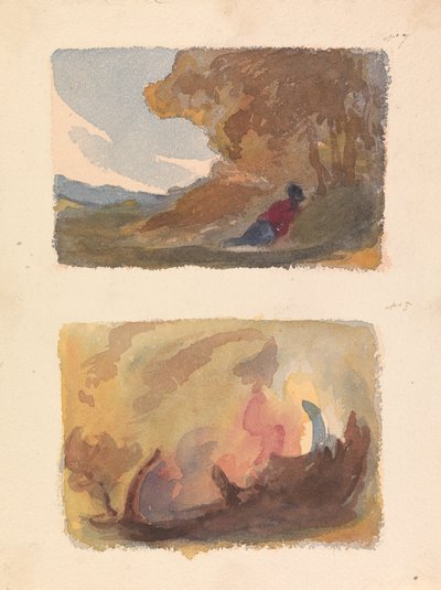 To tegninger på ett ark: Landskap med figur tilbakelent mot bakken - Tizian og venetiansk skole (nr. 7); Landskap - Variasjon av akvarellvaskinger (nr. 8) av Thomas Sully