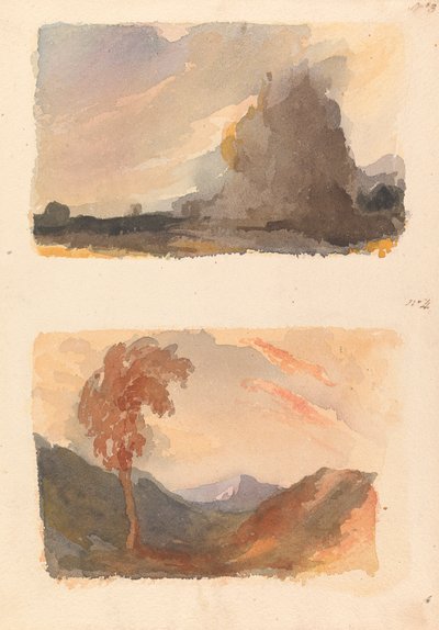 To tegninger på ett ark: Landskap med stor klippe i forgrunnen - Cuyps prinsipp (nr. 3); Landskap med tre i forgrunnen, fjell i avstand - Begges prinsipp (nr. 4) av Thomas Sully