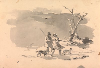 To jegere og to hunder i vinterscene av Thomas Sully