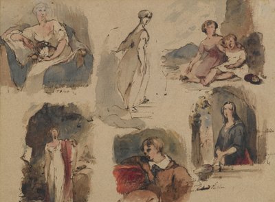 [Uten tittel] (Six Figure Studies), ca. 1830-tallet (jern galleblekk & wc på beige, middels vekt, moderat teksturert antikt lagt papir) (recto) av Thomas Sully