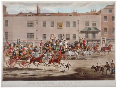 Postbusser foran Peacock Inn på Islington High Street, London, 1823. av Thomas Sutherland