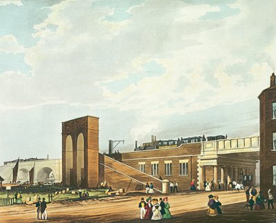 Inngang til Manchester Across Water Street, gravert av Henry Pyall (1795-1833) utgitt av Ackermann und Co., 1831 (farget akvatint) av Thomas Talbot Bury