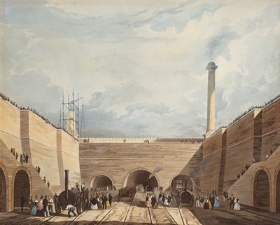 Inngangen til jernbanen ved Edge Hill, Liverpool, gravert av H. Pyall, 1831 (håndfarget etsning og akvatint) av Thomas Talbot Bury