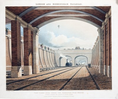 Utsikt tatt fra Under Hampstead Road Bridge, ser mot stasjonen ved Euston Square, 1837 (håndfarget gravering) av Thomas Talbot Bury