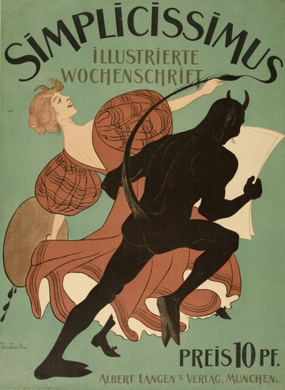 Forside fra "Simplicissimus Illustrated Weekly", pub. 1896 (farge litho) av Thomas Theodor Heine