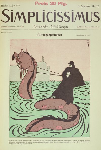 Kaiser rir på Sea Snake til England, omslagsillustrasjon fra Simplicissimus av Thomas Theodor Heine