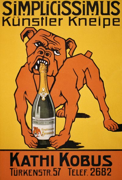 Vintage plakat av bulldog bitende champagneflaske (plakat) av Thomas Theodor Heine
